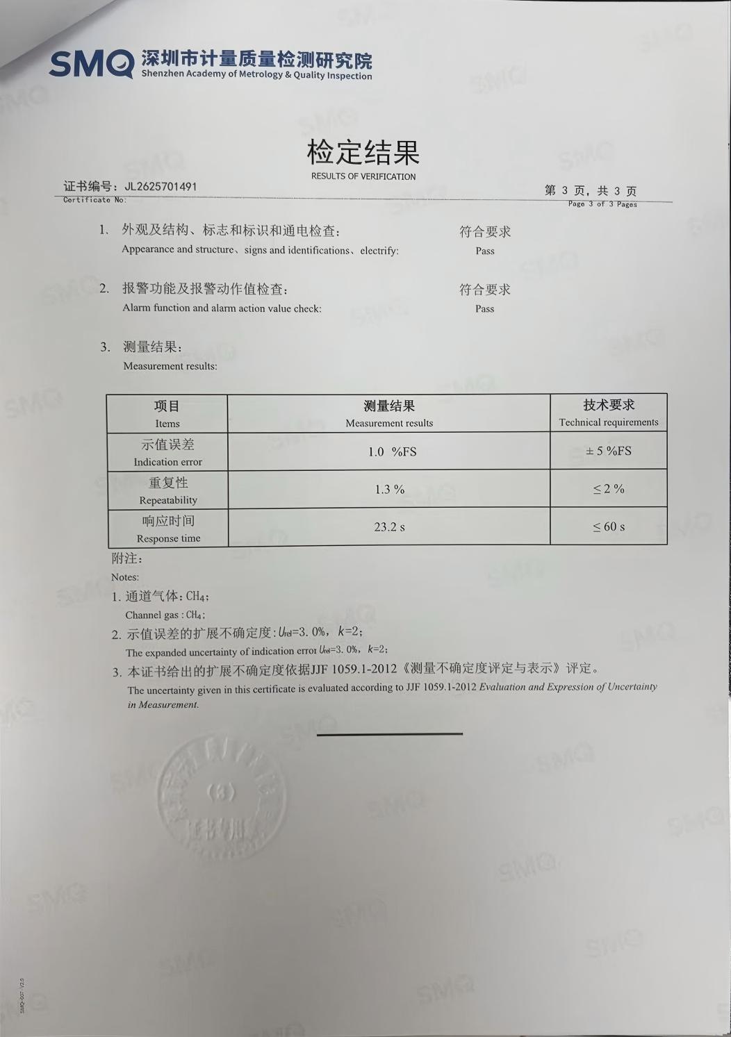 索富通GT-9801TC探測器通過深圳計量院檢測,各項指標均達標(圖3)